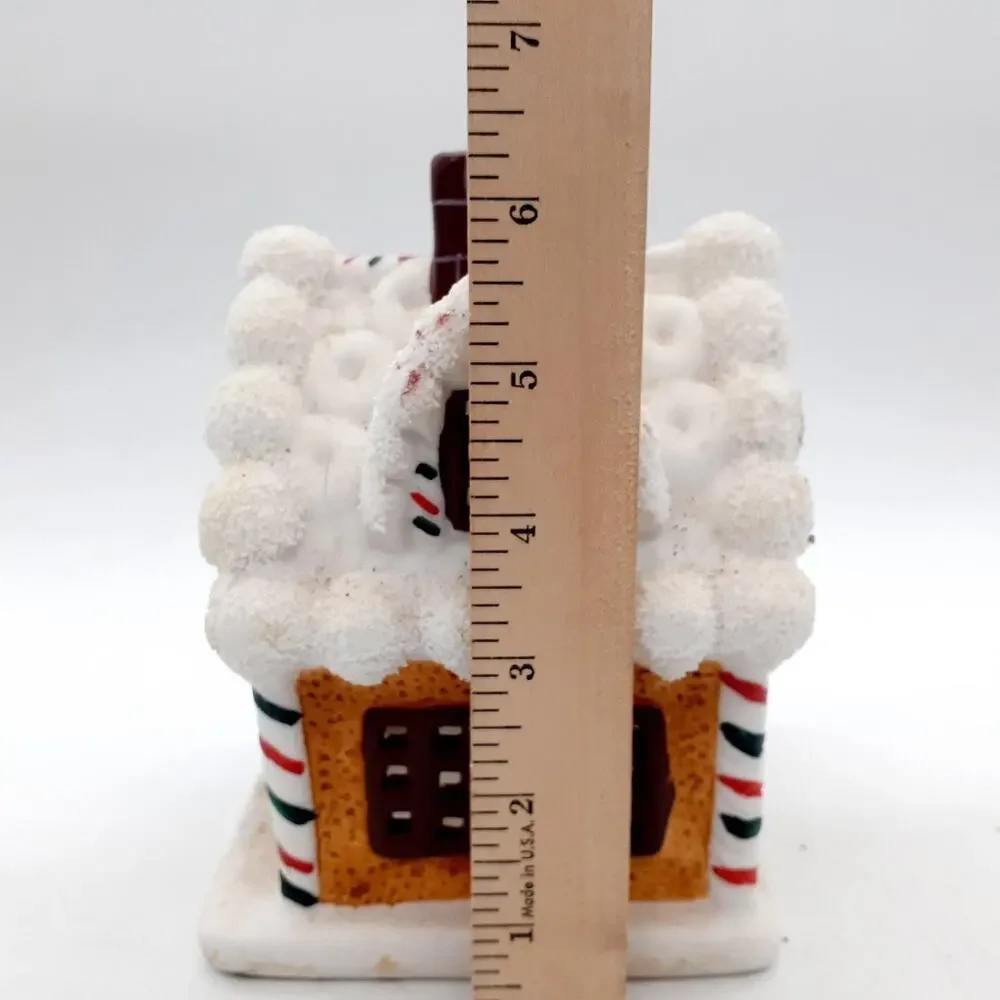Ceramic Gingerbread House Tealight Candle Holder Snow Roof Holiday Decor